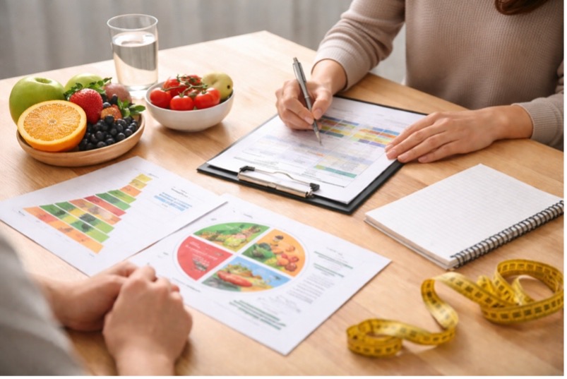 Deux personnes analysent un plan alimentaire sur une table, avec des documents nutritionnels, des fruits frais, un verre d’eau, un carnet et un ruban à mesurer